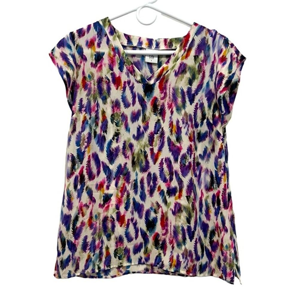 Cabi Top Women S V‎ Neck Multicolored Plume Feather Blouse Feminine Career Cap